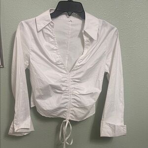 SHEIN White Ruched Drawstring Collared Button-Down Top